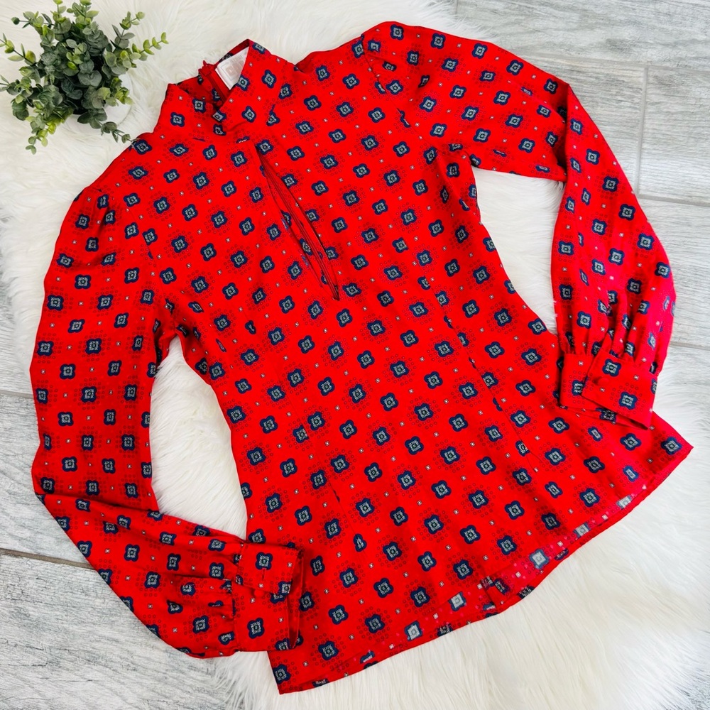 Stone Cold Fox Black Mock Neck Red Anita Print KeyHole Long Sleeve Silk Top